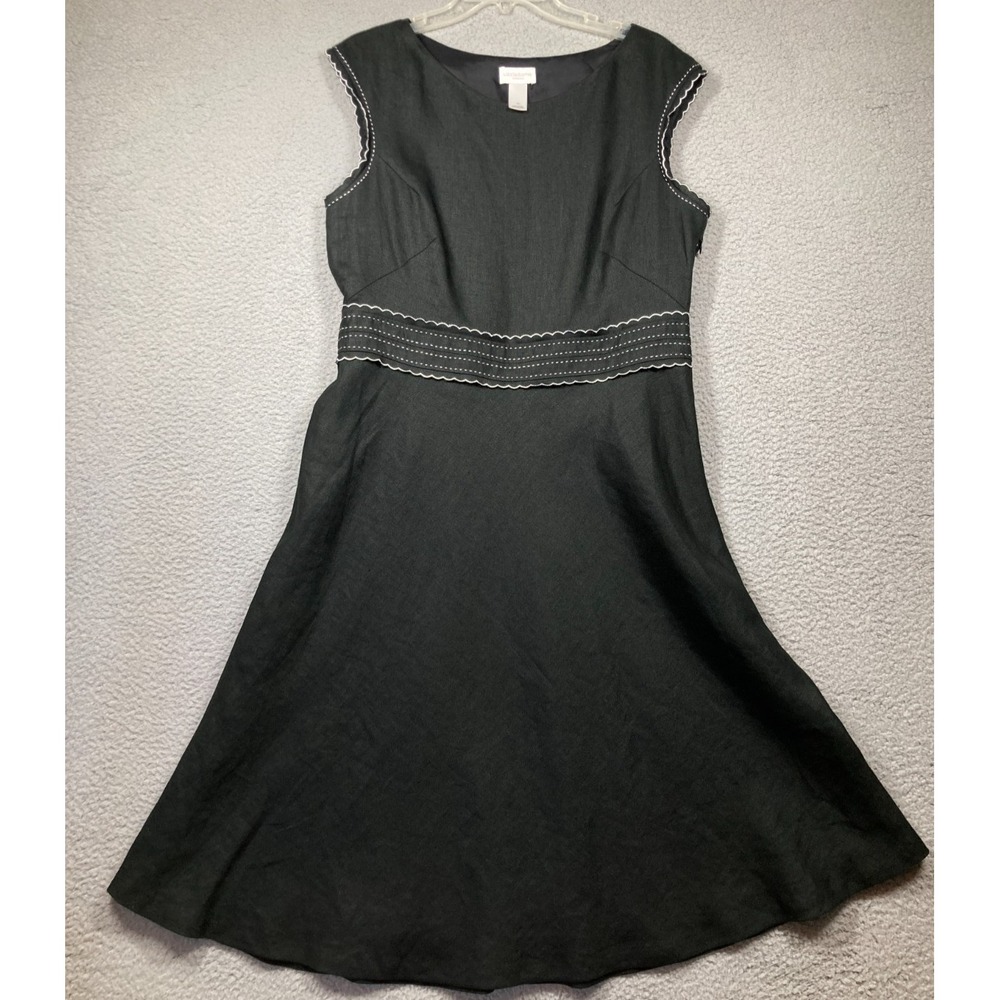 Liz Claiborne Dress Women's 16 Black Linen Fit Flare Side Zip Sleeveless Lined
